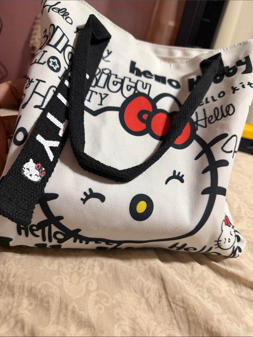 Hello Kitty White Canvas Tote with Black Handles and Red Bow Accent